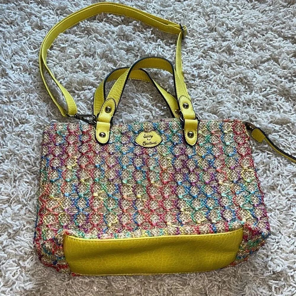 Vintage Y2K Juicy Couture Woven Straw Rainbow Stitch Boho Crossbody Bag Purse